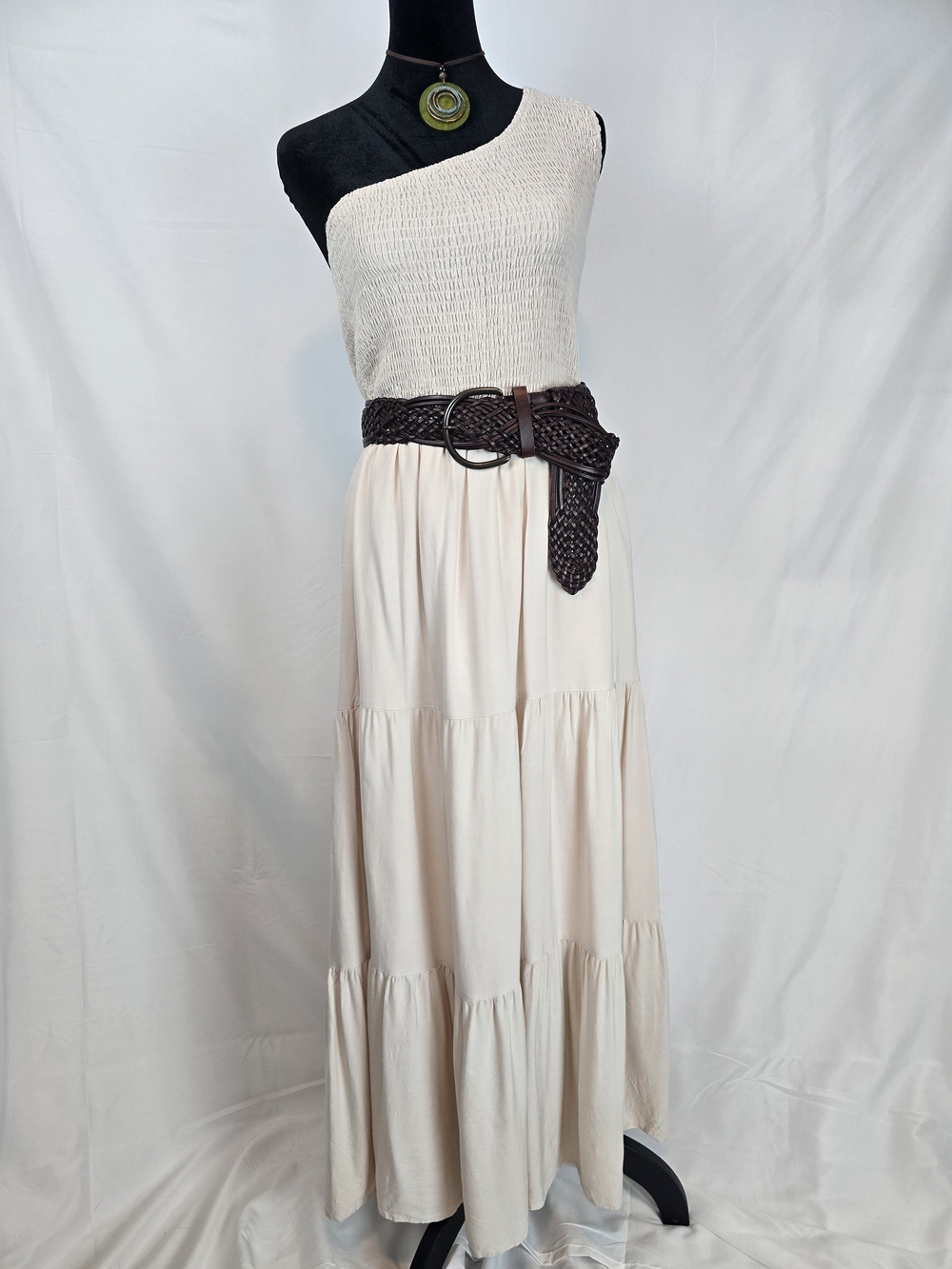 Zesica One-Shoulder Cream Maxi Dress With Smocked Bodice